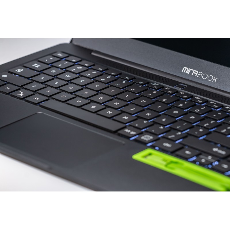 MiraBook refurbished lapdock backlit keyboard macro shot with brand logo for Android Desktop Mode