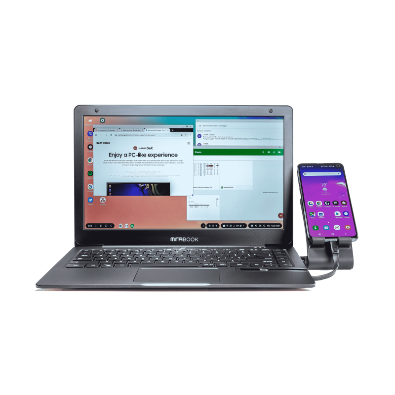 MiraBook refurbished lapdock with Samsung smartphone connected via USB-C showing Android Desktop Mode